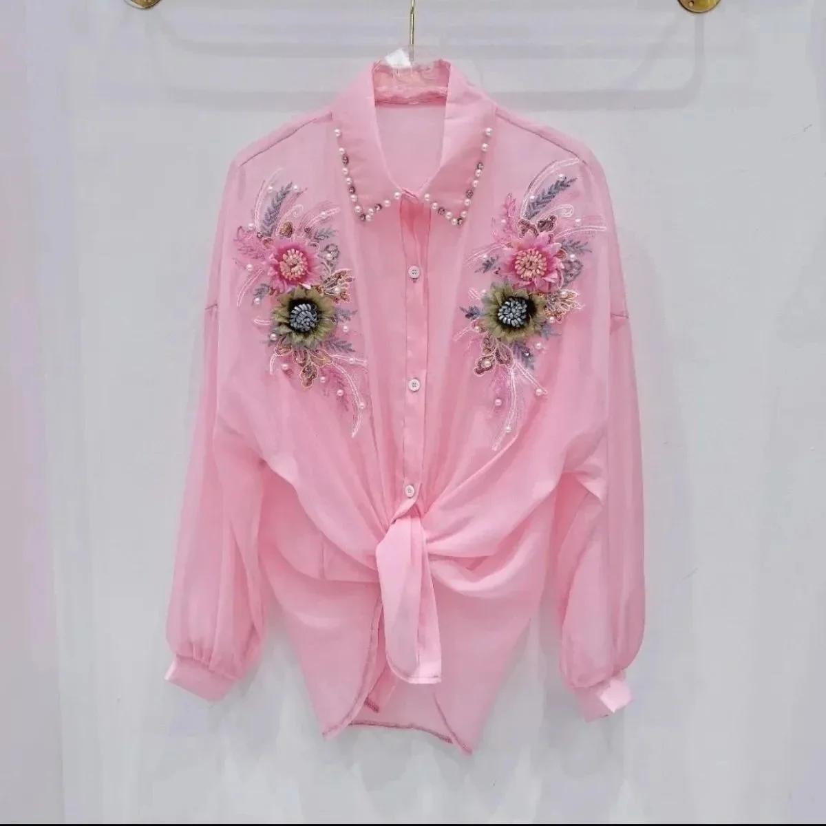 Blusa casual fina solta, manga comprida, camisa de proteção solar, lantejoulas pesadas, blusa bordada, primavera, verão, B81, 2023 - Image 1
