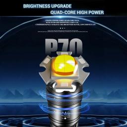 Poderoso P70 LED Ultra brilhante tocha, luz tática, holofotes de emergência, luz de zoom telescópico, bateria embutida - Image 2