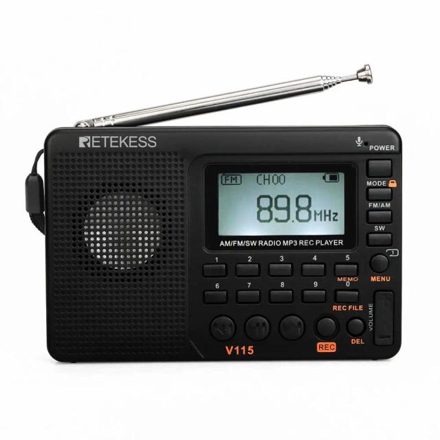 Retekess V115 Rádio Portátil AM FM SW com Gravador e MP3 Player