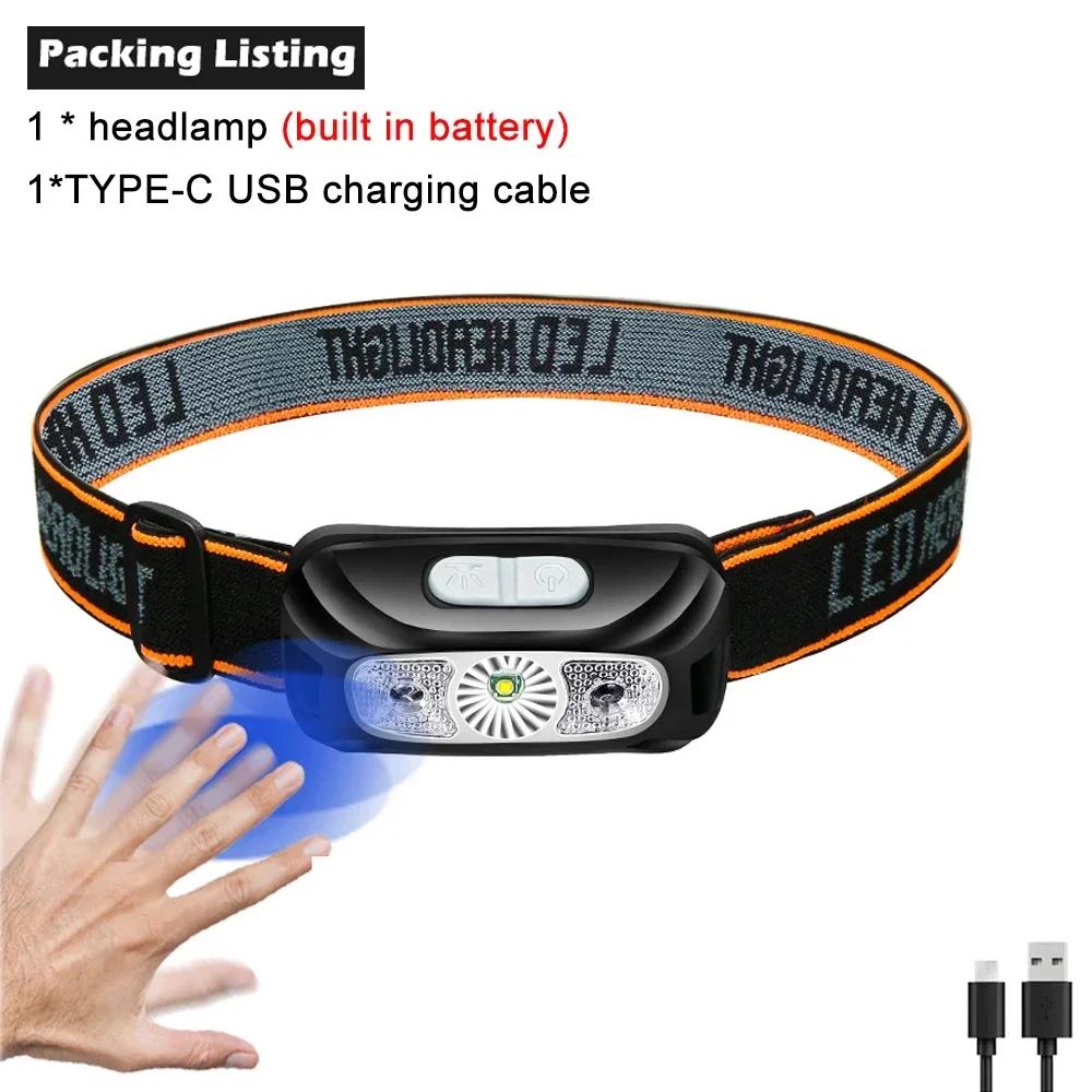 USB Recarregável Cabeça Lanterna, LED Sensor Farol, Built-in Bateria, Cabeça Tocha, Camping, Pesca, Busca Luz - Image 1