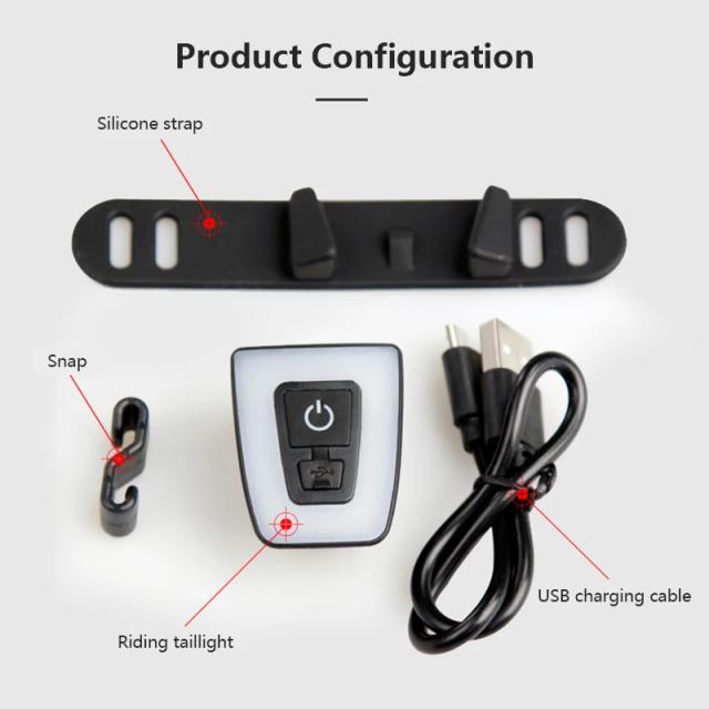 Luz traseira recarregável LED para bicicleta com lanterna USB e acessórios de segurança adicionais