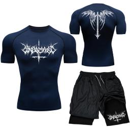 Terno Rashguard respirável masculino, Conjunto de Compressão Impresso Top de Ginásio de Manga Curta Shorts de Treino Secagem Rápida Atletismo Atlético Y2K - Image 3