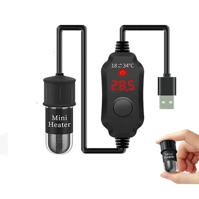 Aquecedor Submersível Mini Aquário com Termostato Ajustável e Carregamento USB - Ideal para Temperaturas de 18 a 34 °C