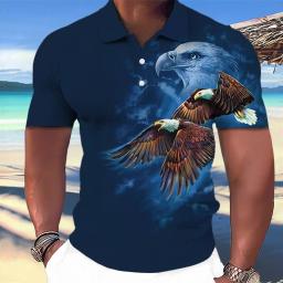 Camisa polo com estampa águia animal masculina, estampa 3D, colarinho de botão, casual, manga curta Tops grandes, roupas de moda masculina, verão - Image 1