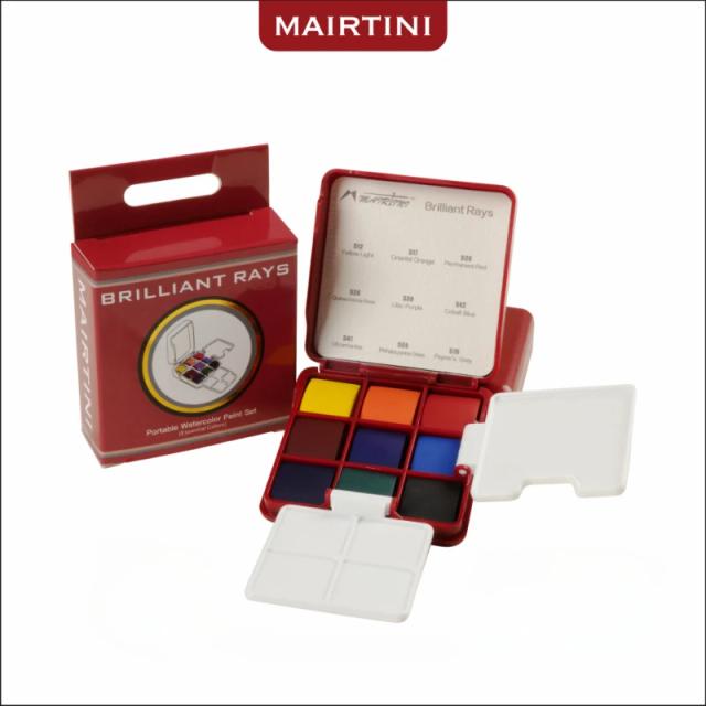 Conjunto Portátil de Aquarela Sólida MAIRTINI com 9 Cores para Artistas - Paleta de Pintura e Esboço