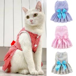 Gato filhote de cachorro princesa vestido de verão roupas para animais de estimação listrado xadrez vestidos com arco para gatos gatinho coelho sphynx roupas ropa para gato - Image 1
