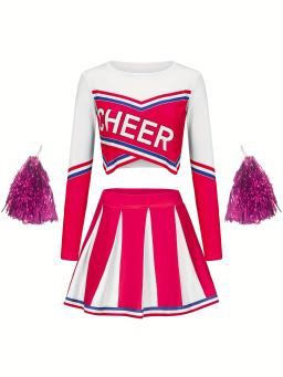Saia de torcida rosa e pom-poms para meninas, temporada de volta às aulas, roupas esportivas fofas para crianças, performance natalícia, roupas de festa - Image 1