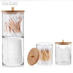 Caixa De Armazenamento De Acrílico com Tampa De Bambu, Jarra Do Banheiro, Organizador De Maquiagem, Algodão Rodada Pad Holder, Dispensador De Algodão, Tampa De Plástico Transparente - Image 2