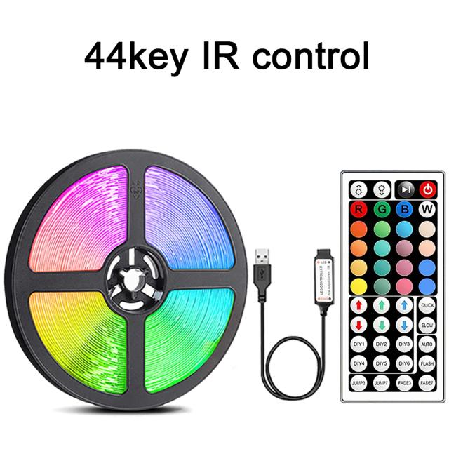 Fitas de LED RGB de 10m e 20m com controle remoto de 44 teclas para decoração de ambientes como sala, quarto e festas, ideal para backlight de TV.