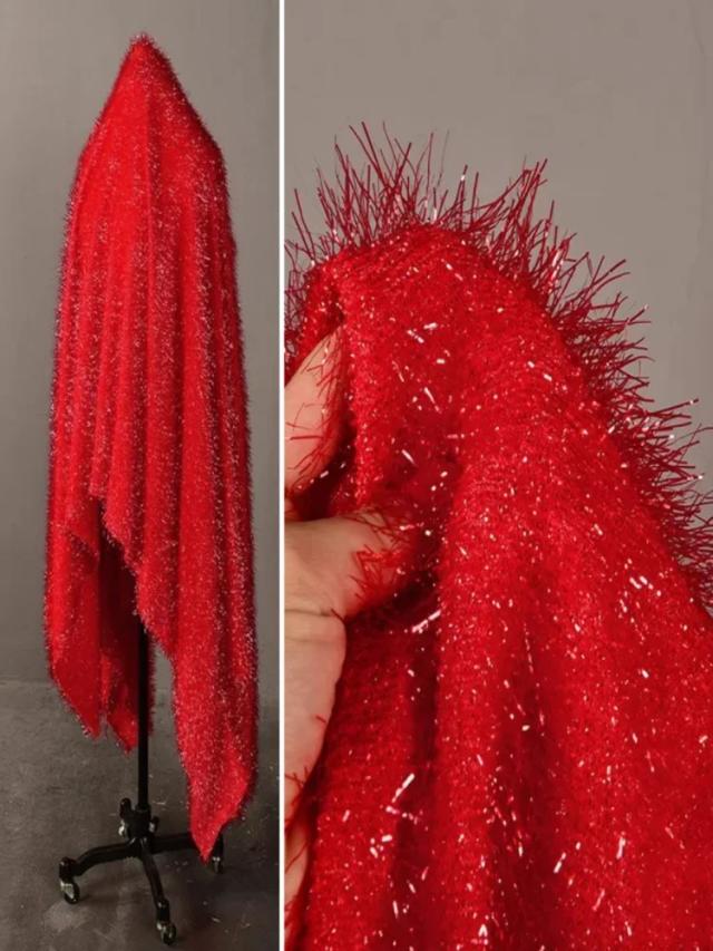 Tecido de Malha de Seda Vermelha Brilhante com Borla Longa e Pelúcia Elástica para Artesanato DIY