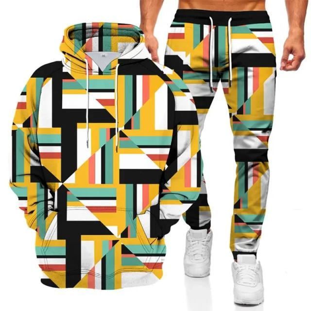Moda Masculina: Terno com Capuz e Calça de Manga Longa em Estampa Geométrica 3D para Rua