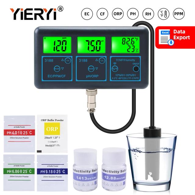 Analisador Digital de Qualidade da Água para Aquários e Piscinas: Medidor WiFi de pH, EC, ORP, TDS, RH% e Temperatura