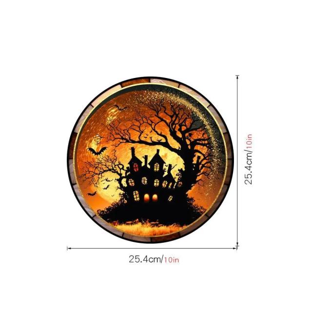 Adesivos Decorativos em Vitral para Halloween: Gato em Castelo Assustador, Sem Cola, Ideal para Festas em 2024