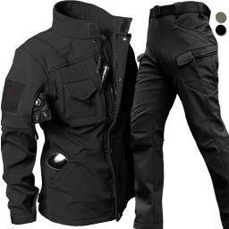 Terno de motociclista impermeável e à prova de vento masculino, jaqueta tática, calças de tubarão, uniforme macio de lã, inverno - Image 1