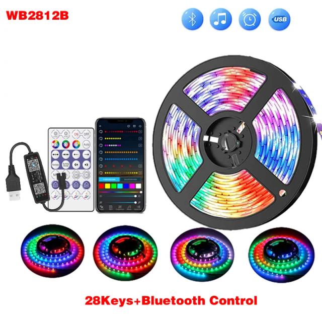 Fita LED RGB WS2812B de 20m com Controle via Bluetooth e Efeito de Perseguição para Decoração de Festas, Quartos e Cozinhas