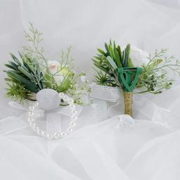 Marfim Rose pulso Corsage para homens, pulseira, boutonniere branco, acessórios flor do casamento, decorações de baile, banda, 2pcs - Image 6