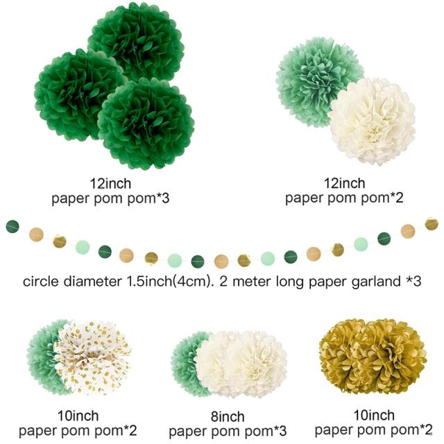 Conjunto de Pom Pons em Papel Verde Escuro com Detalhes em Ouro e Bege para Decorações Elegantes de Festas e Eventos