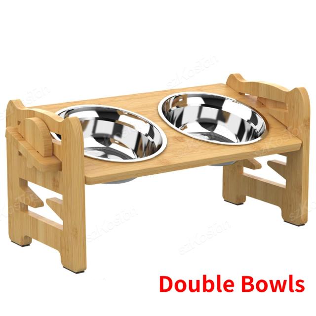 Tigelas de Bambu Ajustáveis para Cães com Suporte, Acessórios Premium com Tigelas de Aço Inoxidável para Cachorros e Gatos