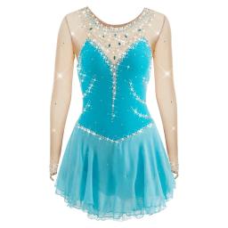 Vestido colorido brilhante de patinação artística feminino, saia de balé infantil, saia de dança feminina, manga comprida, roupa de patinação no gelo com strass - Image 2