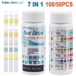 7 em 1 tiras de teste para o aquário/tanque de peixes/piscina/spa qualidade da água 50 pcs100 pces cloro/ph/bromo medem o papel - Image 1