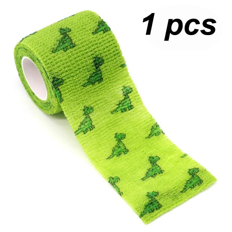 Auto-adesivo elástico bandagem, dinossauro verde impresso, fita adesiva para tatuagem DIY, kit de primeiros socorros, fita pet, 5cm de largura, 1 6 10 pcs - Image 1