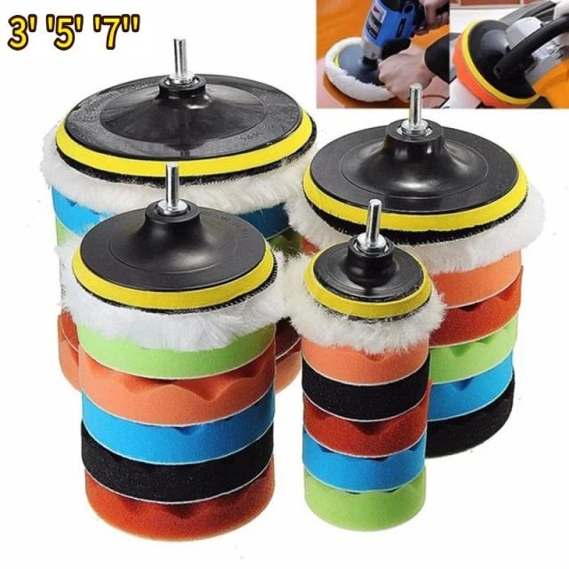 Conjunto de Discos Auto-adesivos para Polimento de Carros com Almofadas de Lã e Adaptador de Broca - 8 Peças em Vários Tamanhos