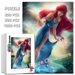 Disney Princess Anime Cartoon Print Jigsaw Puzzle, brinquedos de jogo montados, pequena sereia Ariel, DIY, 300 pcs, 500 pcs, 1000 pcs - Image 1