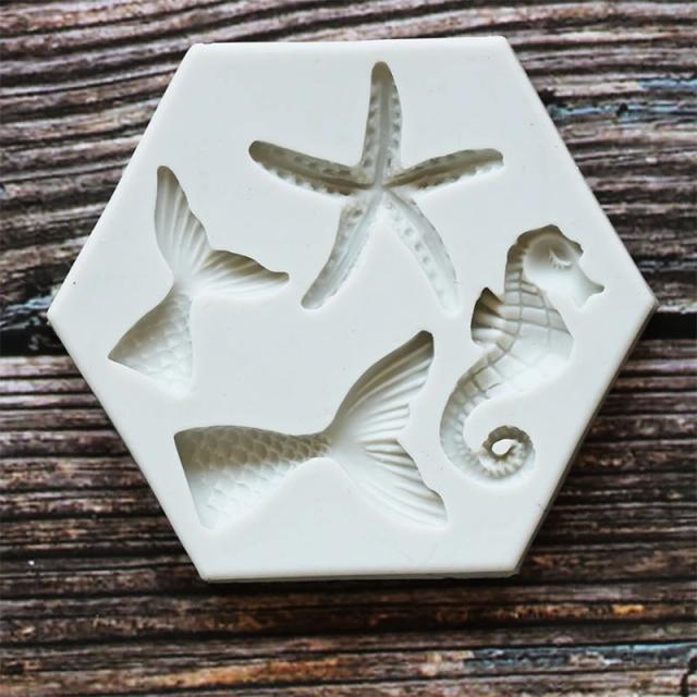 Sereia cauda starfish seahorse forma diy material de silicone moldes chocolates biscoito fondant decoração do bolo para os amantes do cozimento