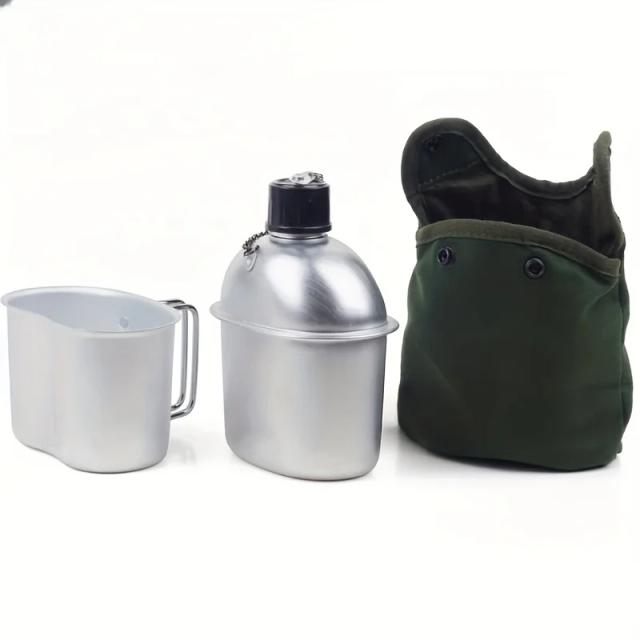 Conjunto de 3 Peças para Acampamento: Panelas de Cantina Militar, Garrafa Multifuncional com Alça e Bolsa de Lona para Caminhadas ao Ar Livre