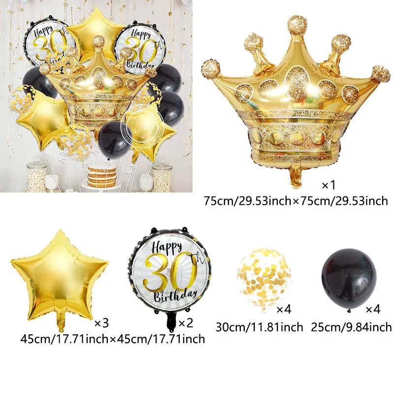 Decoração para festas de aniversário para adultos, coroa grande, balão estrelado, preto e dourado, 21, 30, 40, 50, 60 anos de aniversário, 14 peças - Image 1