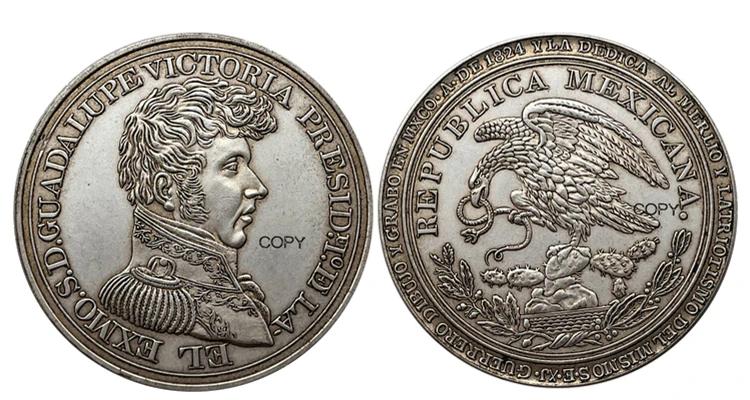 Banhado a Prata Cópia Moeda Comemorativa, Moedas Colecionáveis, Presidente do México, Medalha Guadalupe Victoria, Ww2, Moneda, 1824 - Image 1