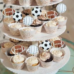 Bola tema bolo Topper, tabela bolo decoração suprimentos, futebol, rugby, voleibol, papel, bambu, picaretas bandeira, cupcake toppers, festa de feriado, 24pcs - Image 1