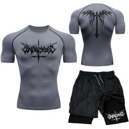 Terno Rashguard respirável masculino, Conjunto de Compressão Impresso Top de Ginásio de Manga Curta Shorts de Treino Secagem Rápida Atletismo Atlético Y2K - Image 4