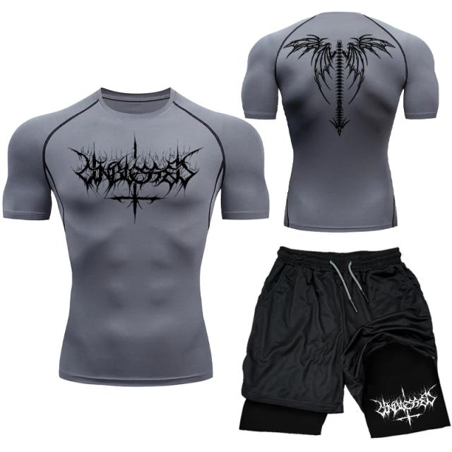 Conjunto Masculino de Rashguard Respirável com Compressão para Academia - Top de Manga Curta e Shorts de Treino de Secagem Rápida Y2K