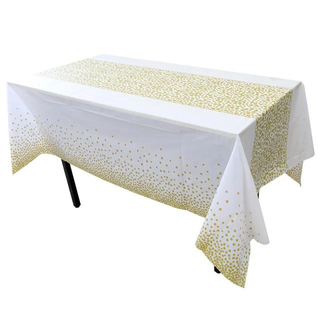 Toalha de Mesa Descartável Impermeável 137x274cm em PEVA - Branco e Dourado com Pontos para Casamentos e Festas