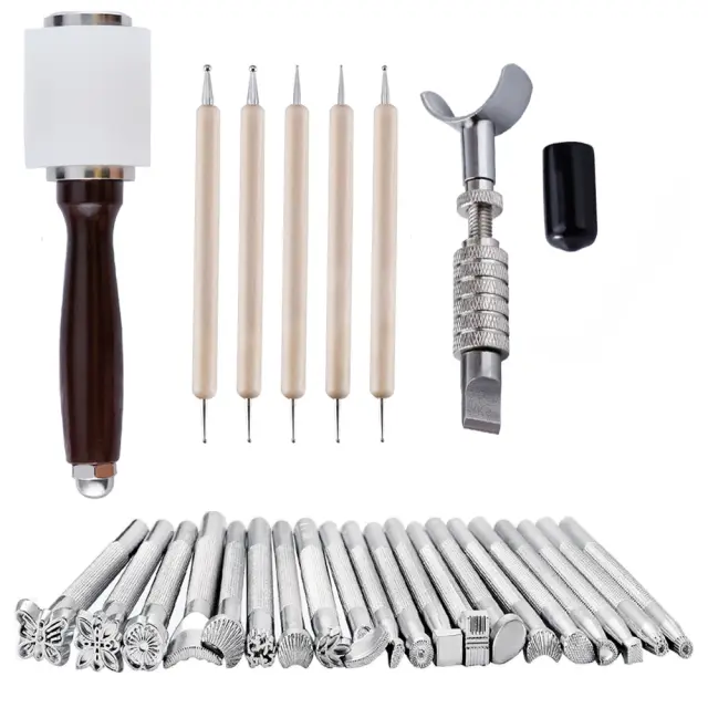 Kit Completo de Ferramentas de Escultura em Couro em Aço Inoxidável com Martelo de Borracha para Artesanato e Fabricação de Sela