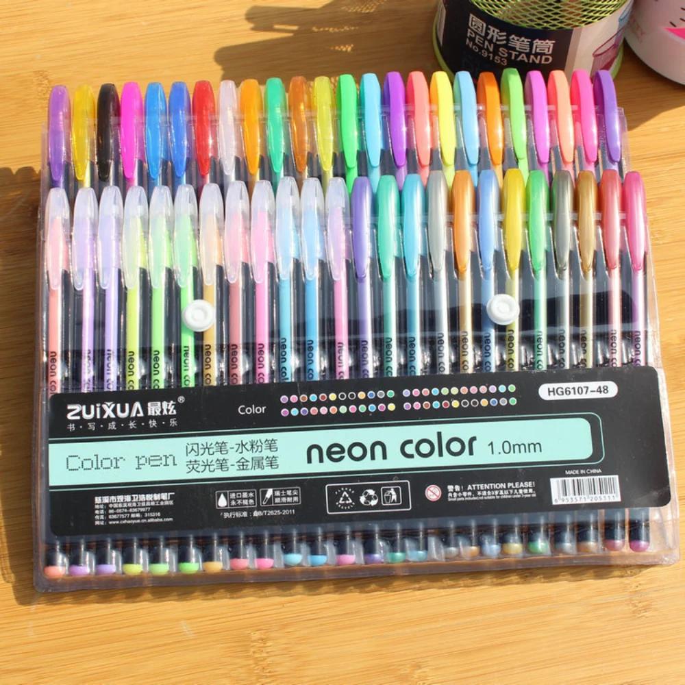 Conjunto de canetas coloridas de gel, 48 cores, isqueiro iluminador, canetas coloridas com glitter, desenho, escola, presentes estacionários para colorir para crianças - Image 1