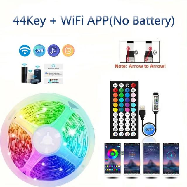 Fita LED RGB com Wi-Fi e Controle Bluetooth para Decoração de Quarto e Retroiluminação de TV em Várias Comprimentos com Conexão USB