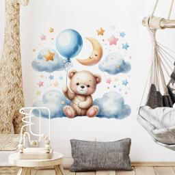 Adesivos de parede para quarto infantil, decoração do quarto do bebê, decalques de parede, aquarela, desenhos animados, ursinho de pelúcia, nuvem, estrelas, balão - Image 3