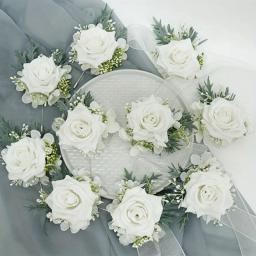 White Rose Wedding Wrist Corsage e Boutonniere Set, Noiva, Dama de honra, Homem, Noivo, Flores do casamento Acessórios, 1, 6Pcs - Image 1