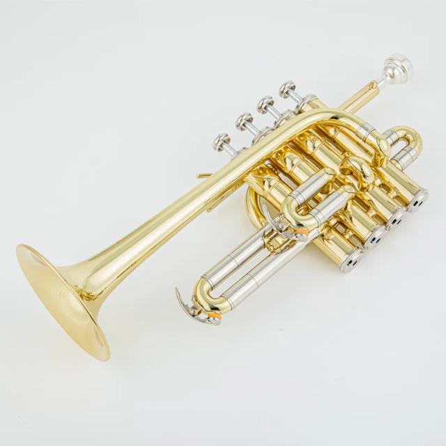 Trompete Bb Piccolo Profissional em Latão com Acabamento Ouro e Prata, Qualidade Superior e Pistões de Monel