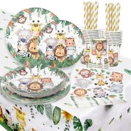 Louça descartável de animal selvagem, Copos de papel e placas, suprimentos para festas Wild One Safari para crianças, decoração de 1 ° aniversário, toalha de mesa para menino - Image 4