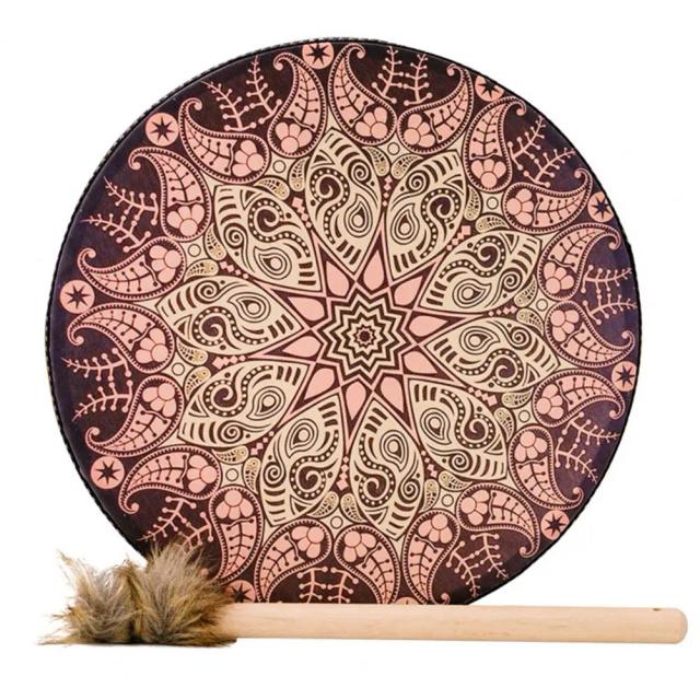 Tambor Xamânico Boêmio com Baqueta - Decoração Étnica para Festas, Som Suave e Conjunto de Percussão Curandeira