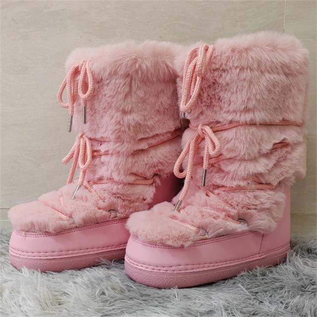 Botas de Neve Femininas Elegance Winter Meio Cano Cadarço Plataforma Impermeável Preto