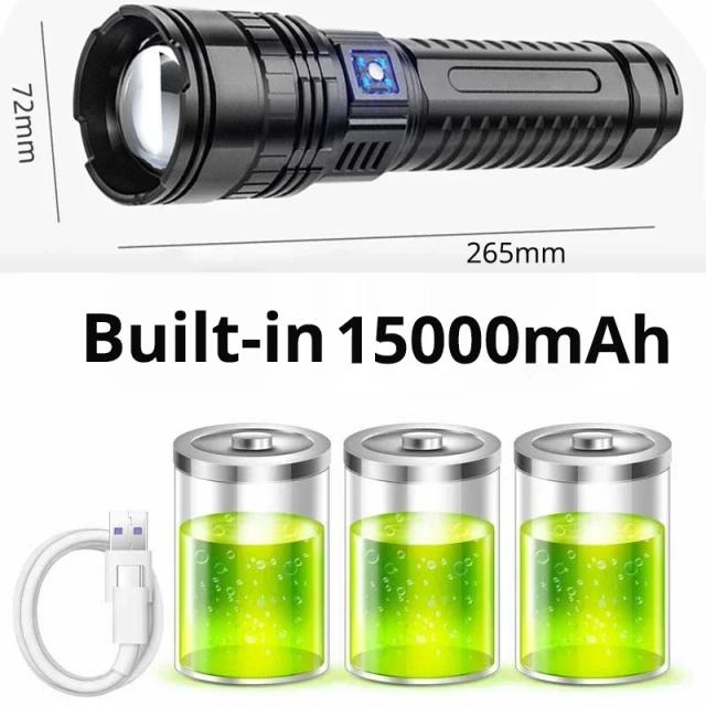Lanternas Táticas LED 1000W com Bateria de 15000mAh e Luz de Flash: Potência para Emergências até 4km - O Presente Ideal para o Natal