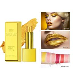 Waterproof Long Lasting Glitter Gold Lipstick, Shimmer Nude Pigmentos, Brilho labial metálico fosco, Copo não pegajoso, Velvet Lip Stick - Image 2