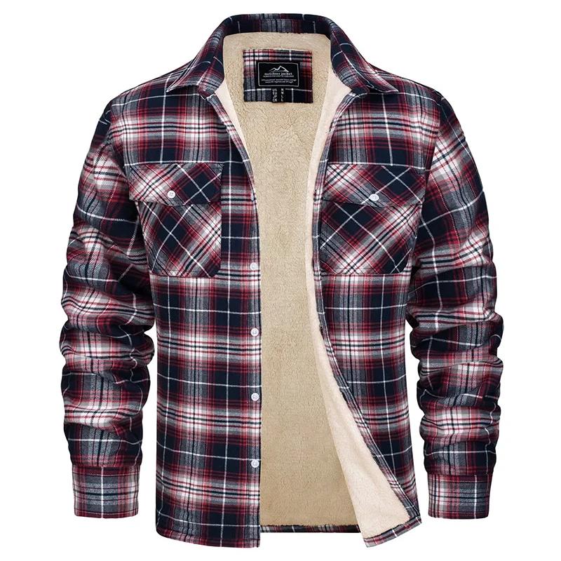 Magcomsen camisa masculina de flanela xadrez de lã, jaqueta casual de algodão com botões, casaco grosso quente de trabalho para primavera, roupa externa sherpa - Image 1