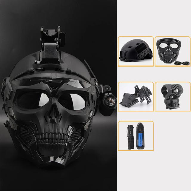 Conjunto Tático com Capacete, Máscara de Crânio e Lanterna para Caça, Airsoft, Paintball e Produções Audiovisuais
