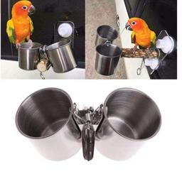 Aço inoxidável Comida e Água Alimentação Bowl com suporte de madeira para Grande Papagaio, Bird Cage Acessório, Pet Shop - Image 1