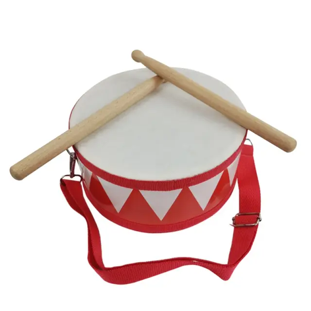 Tambor Snare Infantil de Madeira 8 Polegadas em Vermelho e Branco - Brinquedo para Desenvolver o Senso de Ritmo nas Crianças